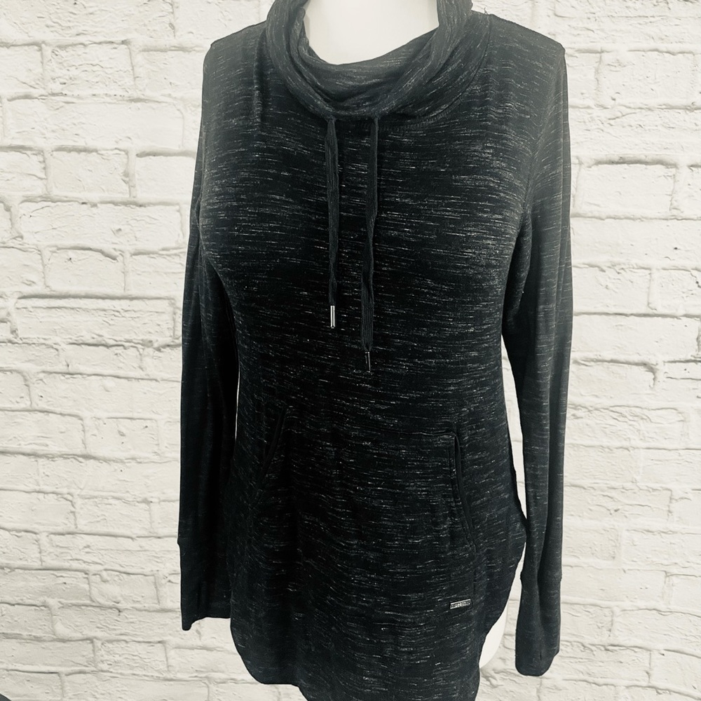 Peach brand cowl neck pullover with thumbholes, Size M, marled black